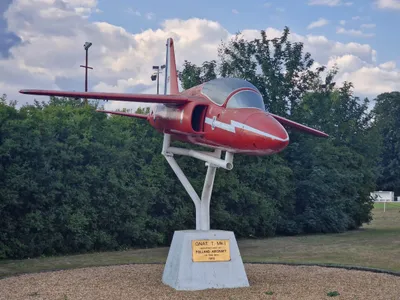 Preserved Folland Gnat T.1 XM693 in Red Arrows colours on display in Hamble